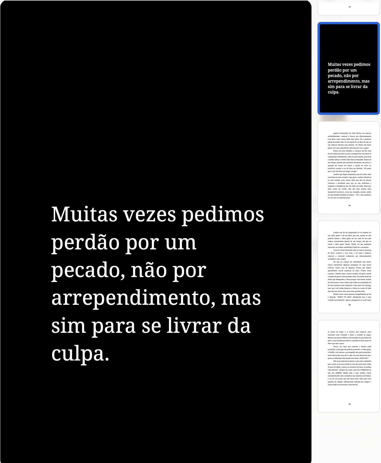 Página interna real do livro com uma reflexão sobre culpa e arrependimento
